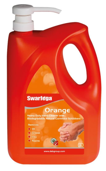 Heavy-duty Swarfega Orange 4L hand cleanser with biodegradable cornmeal scrubbers, ideal for tough grime removal and skin care.