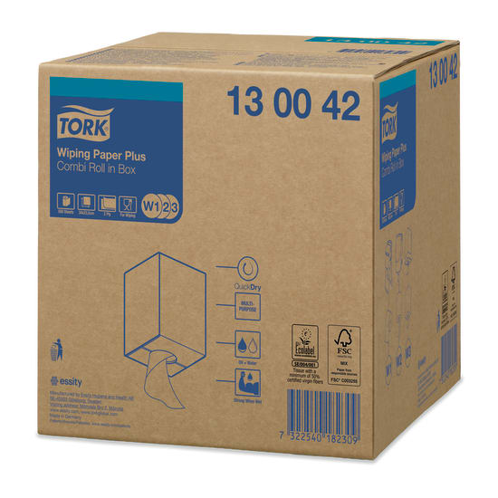 Tork W1,2,3 Wiping Paper Plus Combi Roll, 26cm x 255m, features QuickDry tech for superior absorbency and durability in cleaning tasks.