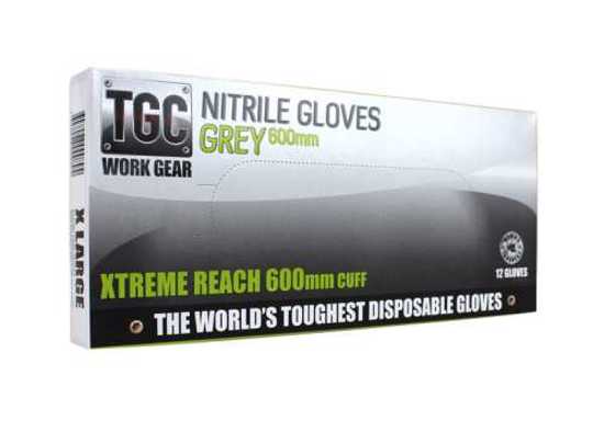 TGC Xtreme Reach Nitrile Gloves Grey-600mm, M-2XL-Pack of 12