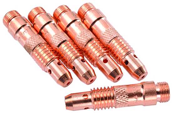 Migomag TIG Collet Body 2.4mm 5-Pack: Premium copper collet bodies for AC/DC TIG welding, ensuring optimal arc stability and gas flow.