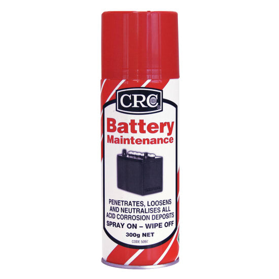 Aerosol can of CRC 5097 Battery Maintenance, 300g, designed to clean and protect battery terminals from corrosion and improve performance.