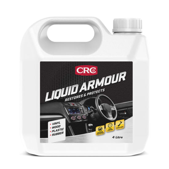 CRC 5024 Liquid Armour 4L revitalizes and protects various surfaces with long-lasting sheen and UV defense, featuring a pleasant scent.