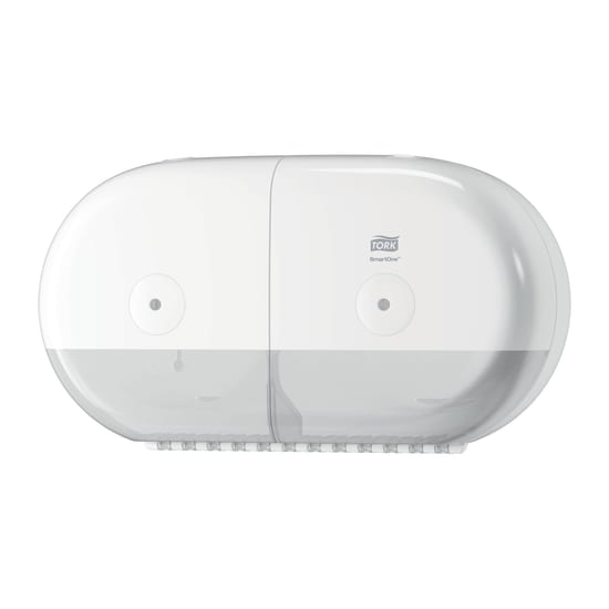 Tork T9 SmartOne Twin Mini Dispenser in white, designed for high-traffic restrooms with efficient sheet-by-sheet dispensing.