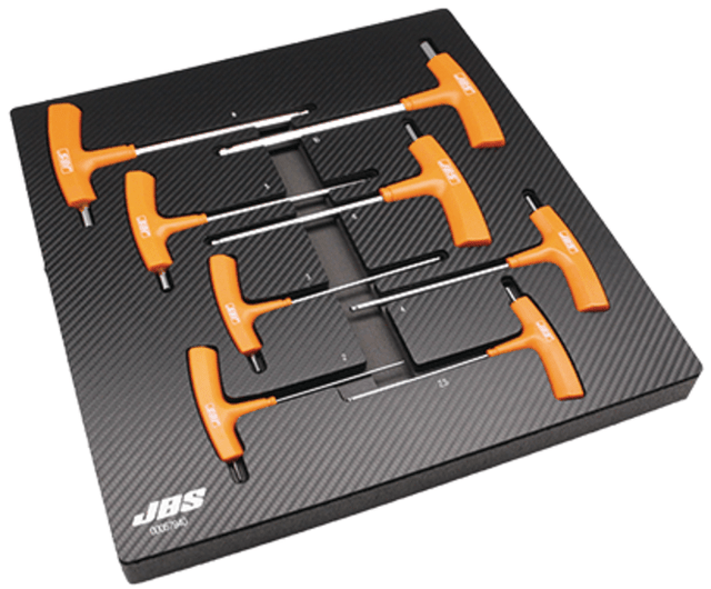 JBS 8 Piece T-Handle Hex Key Set in modular tray, designed for torque and easy tool visibility in a durable, organized system.