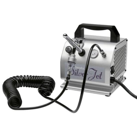 ANEST IWATA Silver Jet airbrush compressor, portable, oil-less, 1/8 hp motor, 1-18 psi, includes Pistol Grip Filter and coiled air hose.