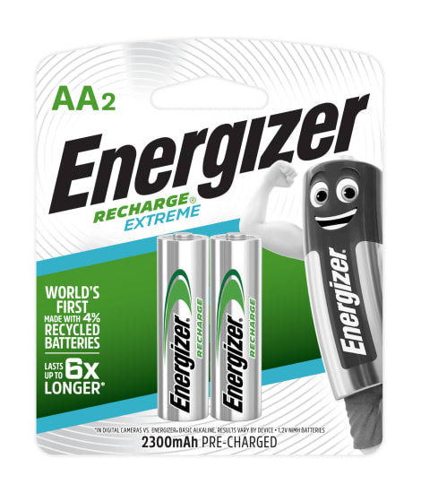 Energizer Rechargeable AA 2pk, ideal for high drain devices; eco-friendly, long-lasting, and retain charge for 6 months.