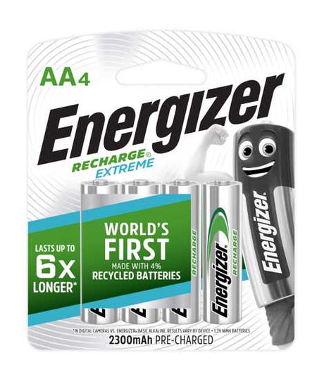 Energizer Rechargeable AA 4pk: Eco-friendly batteries, 6x longer life, holds charge up to 1 year, ideal for various devices.