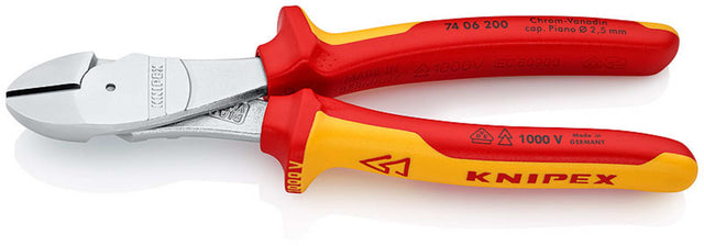 Knipex Insulated Diagonal Pliers, 200mm, 1000V rated, featuring ergonomic grips for precise cutting of various wire types.