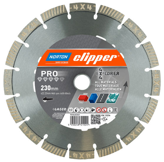 Pro 4X4 Explorer Diamond Blade 230x22.23 designed for efficient cutting of concrete, asphalt, granite, and steel up to 5mm thick.