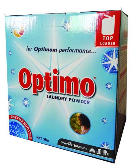 Optimo Laundry Powder 5Kg for top loaders, enzyme-boosted for tough stain removal, fresh scent, and optical brighteners.