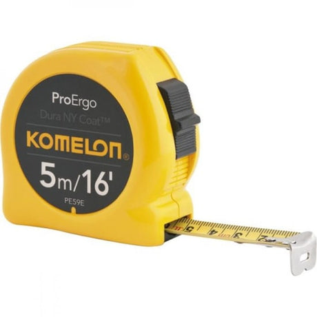 Komelon Proergo tape measure with a nylon-coated, durable blade, offering precision, comfort grip, and belt clip for easy portability.