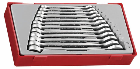 Teng 12pc Anti-Slip Combination Spanner Set in TC tray, featuring durable Chrome Vanadium steel and 15-degree angled sockets.