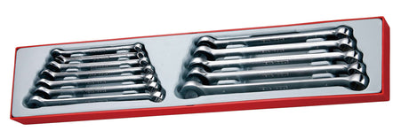 12-piece Teng combination long spanner set made of chrome vanadium steel with 15-degree angled 12-sided heads for tight spaces.