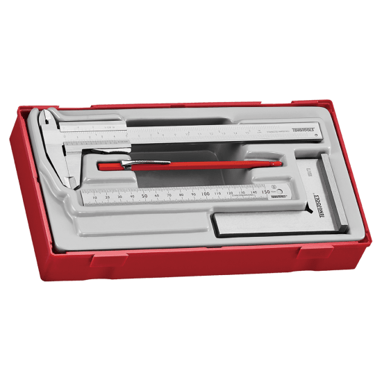 Teng Measuring Tool Set-4 Piece-Set with vernier caliper, steel rule, base square, and scriber in a TC tray for organized precision.