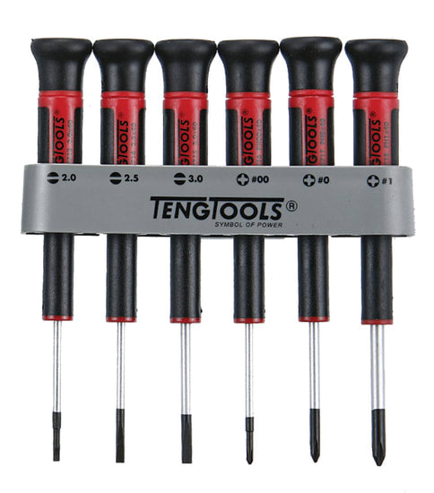 Teng 6 Piece Mini Screwdriver Set with holder, featuring essential flat and Phillips screwdrivers for precision tasks.