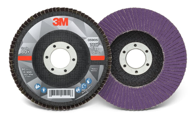 3M Flap Disc 769F, 125mm, 80+ grit, designed for efficient metal grinding with Precision-Shaped Grain technology for durability.