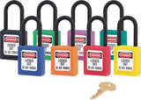 Master Lock 0406 Safety Dielectric Padlock with Zenex body, key retaining feature, customizable colors, and safety labels.