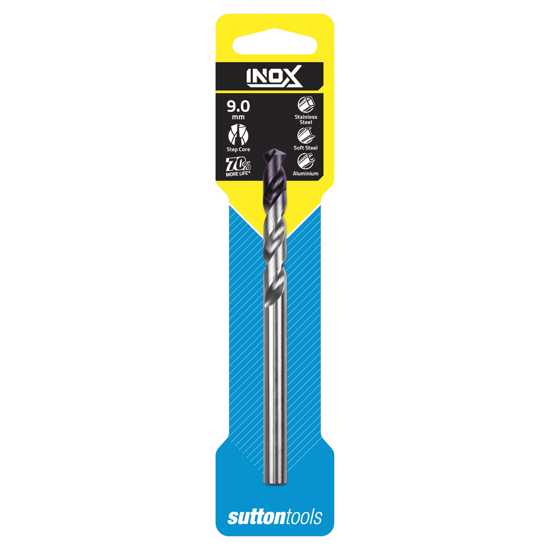 Sutton Inox 9mm jobber drill bit designed for high-performance drilling in stainless steel, featuring a durable PVD coated tip.