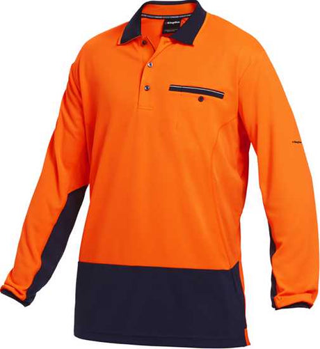 Hi Vis Hyperfreeze Polo in Orange/Navy, size M, featuring cooling technology, mesh panels, and a chest pocket for essentials.