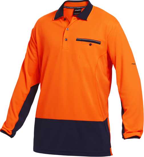 Hi Vis Orange/Navy polo with Hyperfreeze tech for cooling, mesh panels for airflow, and a chest pocket, size XL.