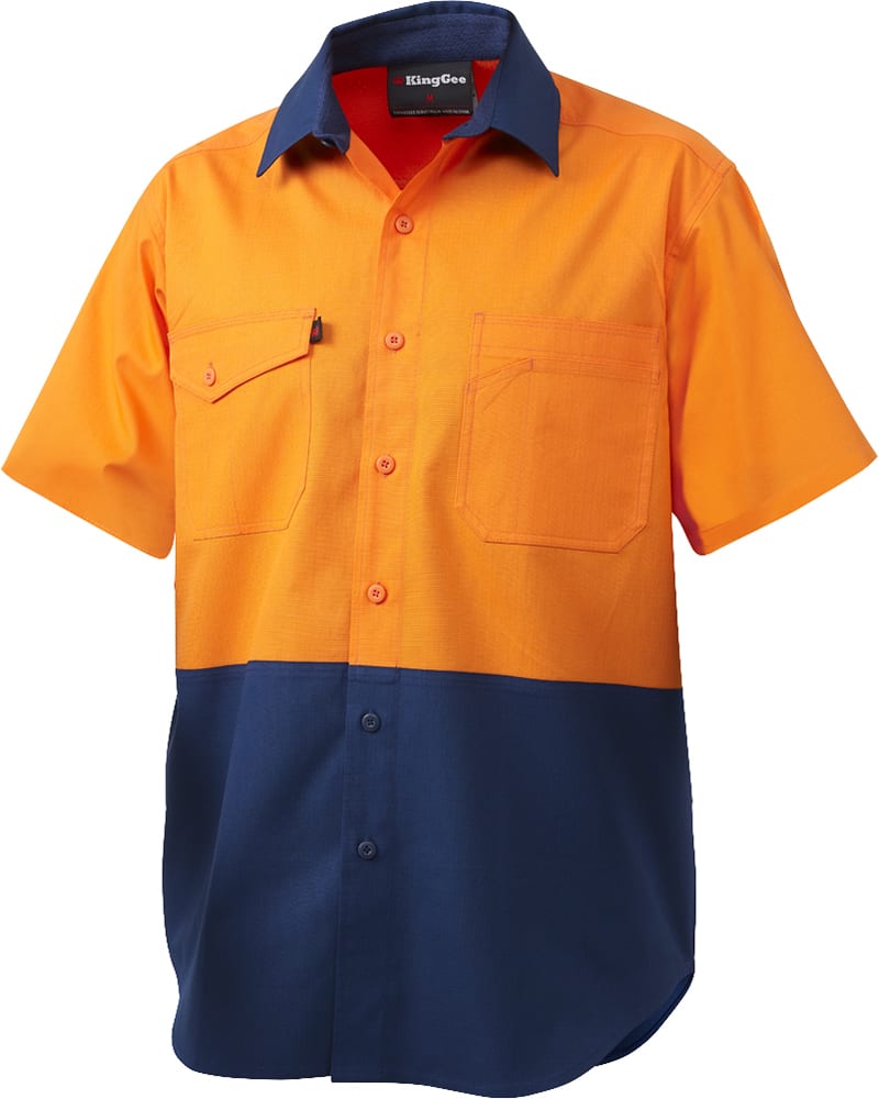 KingGee, Hi Vis Cotton Ripstop Shirt, K54875 - Orange/Navy (Size: XS)