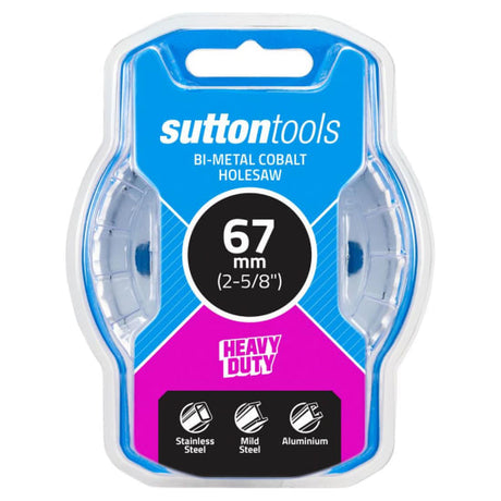 67mm Bi-Metal Cobalt Holesaw for precise cuts in various materials, featuring reduced vibration and compatibility with Sutton Tools arbor.