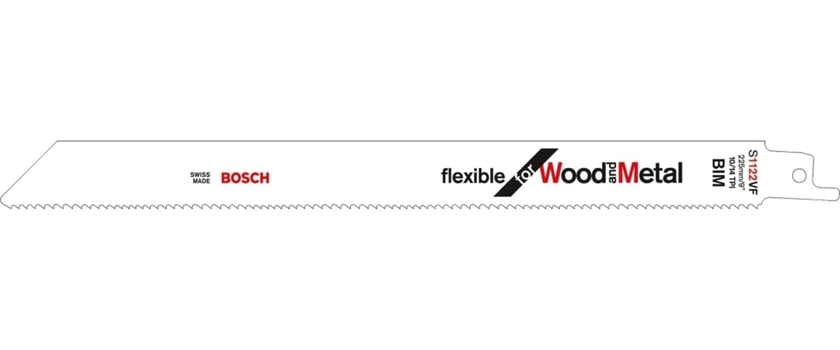 Bosch Sabre Saw Blade S1122VF packet for efficient cutting of wood and metal, featuring Vario-tooth geometry and durable Bi-Metal design.