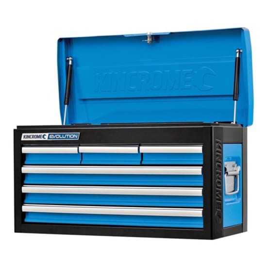 Kincrome 6 Drawer Tool Chest with gas strut lid, lockable drawers, and heavy-duty slides for optimal tool storage.