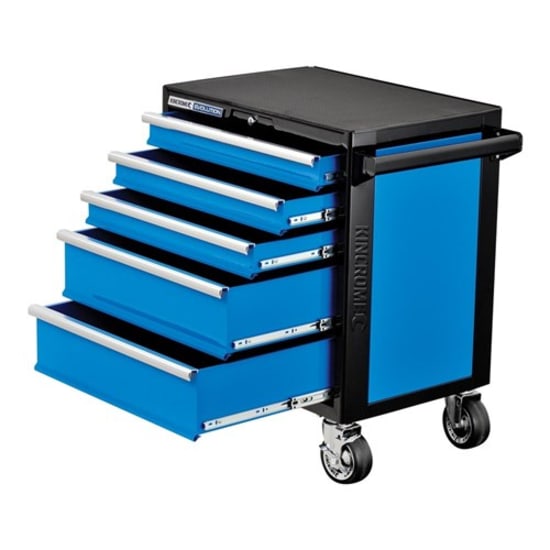 Kincrome 5 Drawer Tool Trolley Evolution with lockable drawers, ball bearing slides, and heavy-duty castors for easy mobility.