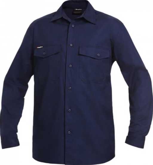 Navy KingGee Workcool 2 Ripstop Shirt, Size SM, features cooling vents, UPF50+, and durable ripstop fabric for comfort at work.