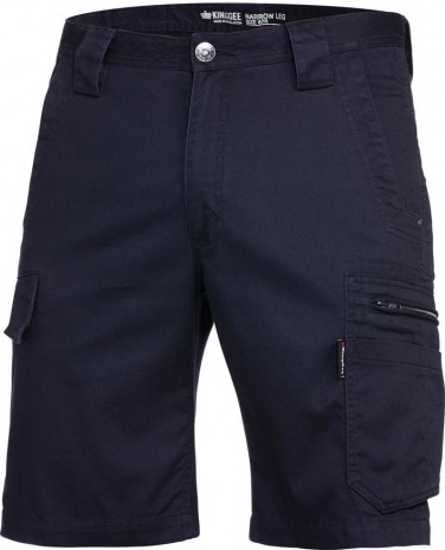 KingGee Tradies Summer Shorts in Oil Navy, size 77, featuring 12 pockets, durable cotton drill, and narrow fit for comfort.