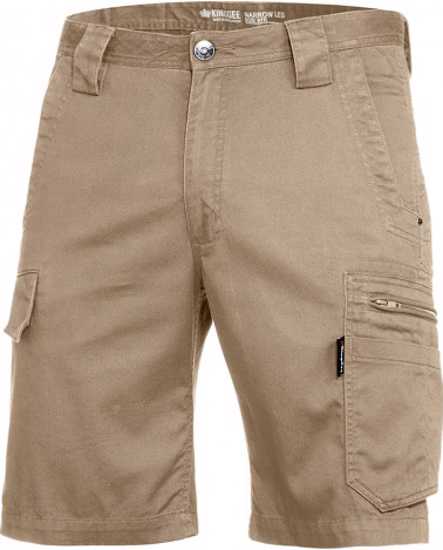 KingGee Tradies Summer Shorts K17340 in Khaki, Size 92, featuring 12 pockets, cotton fabric, and a modern narrow fit design.