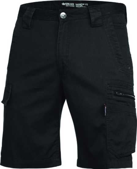 KingGee Tradies Summer Shorts K17340 in black, size 82, featuring 12 pockets, durable cotton, and a modern narrow fit.