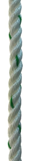 Durable 3 strand 6mm nylon rope in green with excellent shock absorption, ideal for marine and outdoor use, sold by the metre.