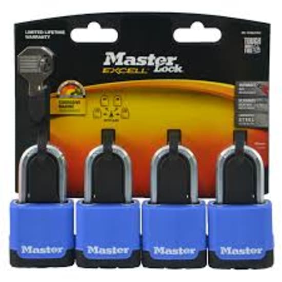 Pack of 4 Master Lock Excell padlocks, 45mm, with weather-resistant casing and tough octagonal shackle for maximum security.