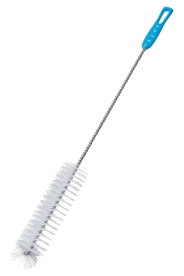 Bottle Brush 30mm with fan-tipped bristles and durable twisted wire for cleaning narrow bottles, 300mm long with a blue hanger.