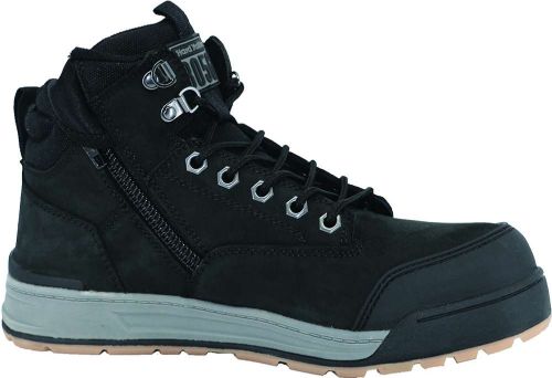 Hard Yakka 3056 black safety shoes, size 10, with steel toe, water-resistant design, YKK zipper, and padded heel for comfort.