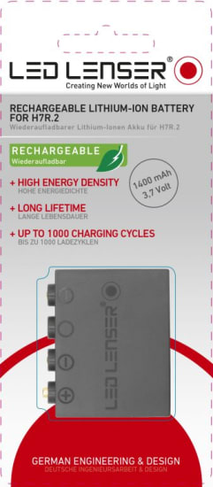 Rechargeable 3.7V lithium-ion battery for Ledlenser H7R.2 headlamp, offering 1400mAh and up to 1,000 cycles. Ideal for outdoor use.