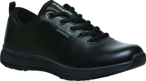 Women's KingGee Leather Superlite Shoes in black, size 8; lightweight, non-slip, and crafted for all-day comfort.