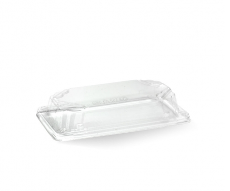 Eco-friendly Biopak Biocane Sushi Tray Lid for clear sushi display, 169 x 93 x 32mm, commercially compostable, 600-case.