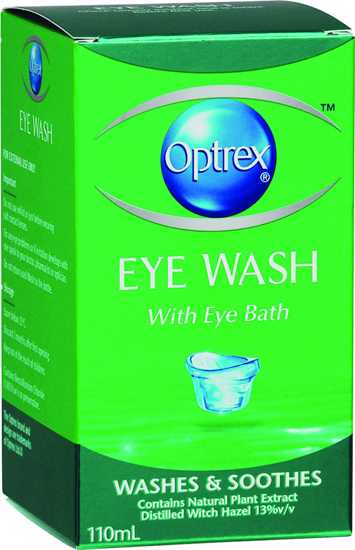 Optrex Eye Wash with Eye Bath, 110ml, provides soothing relief for tired, irritated eyes, perfect for everyday use.