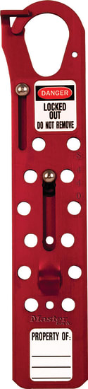 Master Lock S440B lockout hasp holding up to 12 padlocks, featuring 25mm jaw clearance and corrosion-resistant aluminum design.