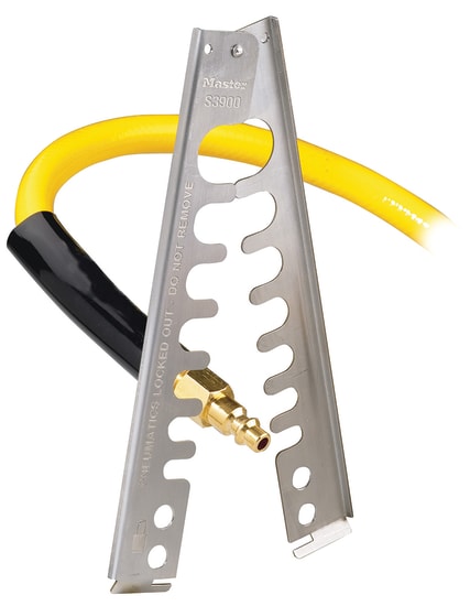 Master Lock S3900 pneumatic lockout tool designed for safety, featuring scissor action for pneumatic fittings, stainless steel construction.