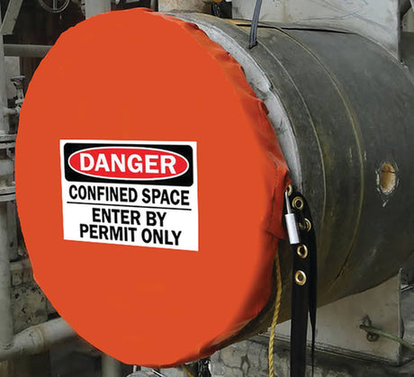 Master Lock S203CSS access cover for confined spaces, featuring durable oil-resistant fabric, lockable signage, and gas test port.