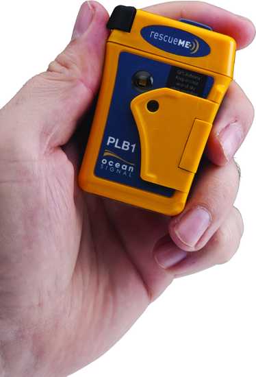 Compact Ocean Signal RescueME PLB1 Personal Locator Beacon with strobe light, waterproof to 15m, for outdoor safety.