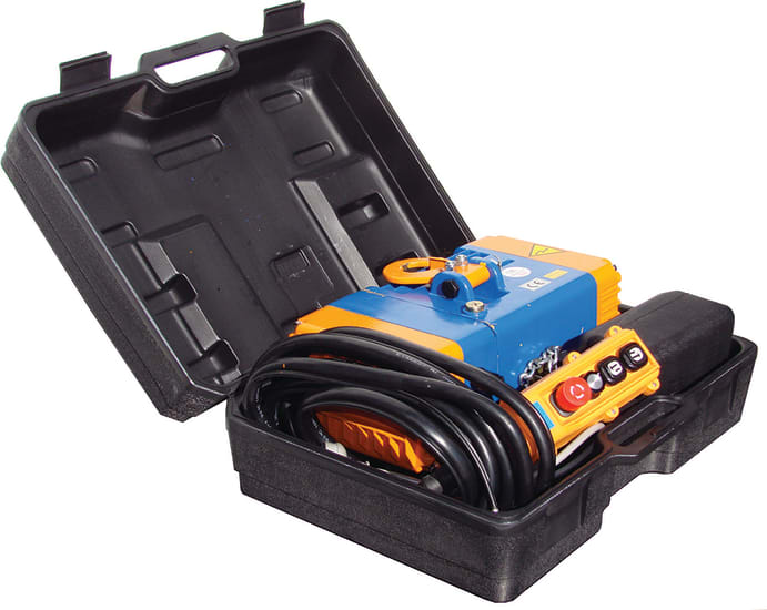 Pacific Hoist Porta Hoist 250kg: compact electric chain hoist for lifting up to 250kg, featuring a portable case and safety controls.