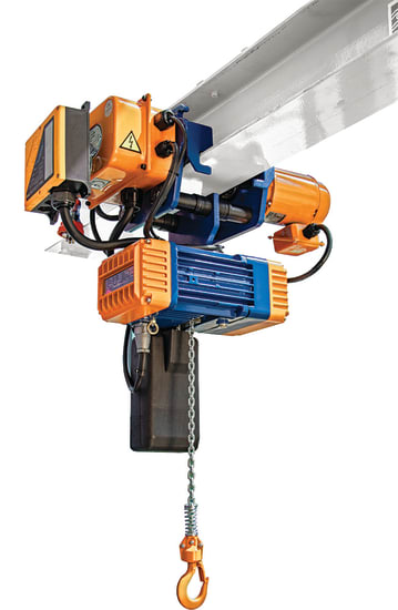 Electric chain hoist capable of lifting 250kg, portable with a durable case, E-stop, and adjustable speeds for safe operation.