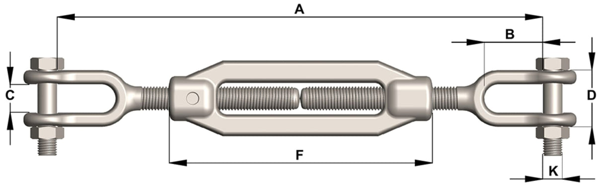 Galvanised 16mm Grade L Turnbuckle Clevis for reliable tensioning and adjustment in rigging applications, 0.75t WLL.