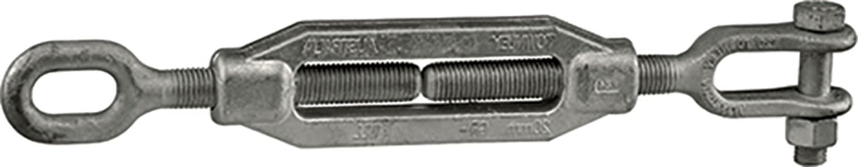 Galvanised 16mm turnbuckle clevis and eye, designed for tensioning and length adjustment in engineering applications.