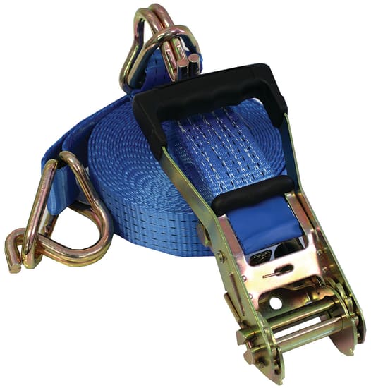 Heavy-duty ratchet truck tiedown featuring 50mm webbing, 9m length, and 2500kg capacity for secure cargo transport.